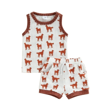 

TheFound Toddler Baby Boys Girls Summer Clothes Sleeveless Trimmed Dog Printed Tank Tops Vest Short Pants Outfits