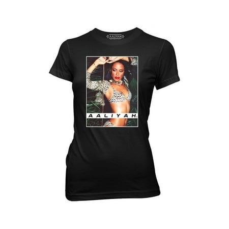 Ripple Junction Aaliyah Junior's Aaliyah Photo with Leaves/White Border Light Weight 100% Cotton Crew T-Shirt Black