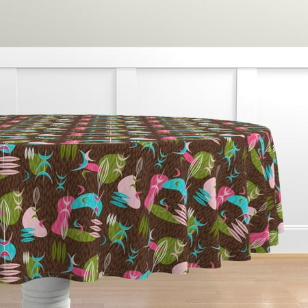 Cotton Sateen Tablecloth 90 Round - Tiki Pink Green Blue Brown Turquoise Space Age Summer Print Custom Table Linens by Spoonflower