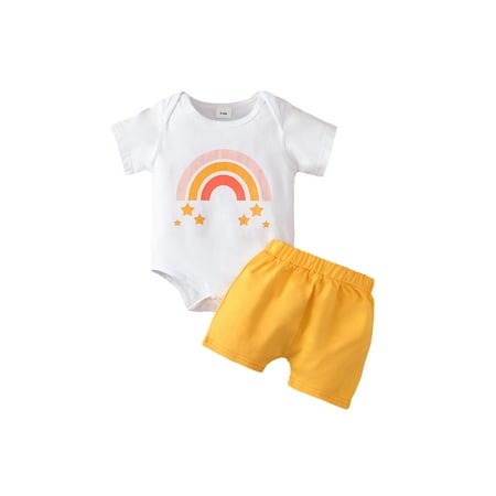 Biayxms Infant Baby Girls 2 Pieces Outfit Rainbow Stars Print Round Neck Short Sleeve Romper + Solid Color Shorts Set
Biayxms Infant Baby Girls 2 Pieces Outfit Rainbow Stars Print Round Neck Short Sleeve Romper + Solid Color Shorts Set