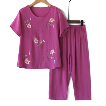 Summer Savings HJCOMMED Women s 2 Piece Outfits Women Casual Floral Printed Round Neck Short Sleeve Pullover Top And Loose Elasticated Long Wide Leg Trousers Set Comfortable Home Wear Pajamas Purple 
Summer Savings HJCOMMED Women s 2 Piece Outfits Women Casual Floral Printed Round Neck Short Sleeve Pullover Top And Loose Elasticated Long Wide Leg Trousers Set Comfortable Home Wear Pajamas Purple