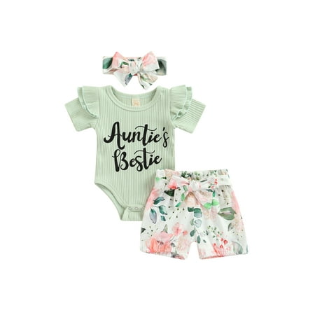 Infant Newborn Baby Girl Summer Floral Outfits Auntie s Bestie Ruffle Ribbed Romper Shorts Headband 3Pcs Clothes
Infant Newborn Baby Girl Summer Floral Outfits Auntie s Bestie Ruffle Ribbed Romper Shorts Headband 3Pcs Clothes
