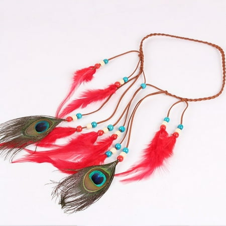 Toyella Peacock feather leather rope pendant hair ornament F Red