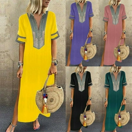 Womens Maxi Beach Dress Short Sleeve Casual Boho Kaftan Tunic Gypsy Ethnic