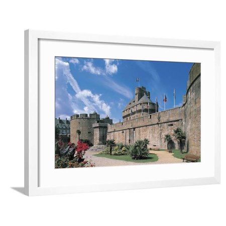 Flags on the Wall of a Fortress, Saint-Malo, Brittany, France Framed Print Wall Art
