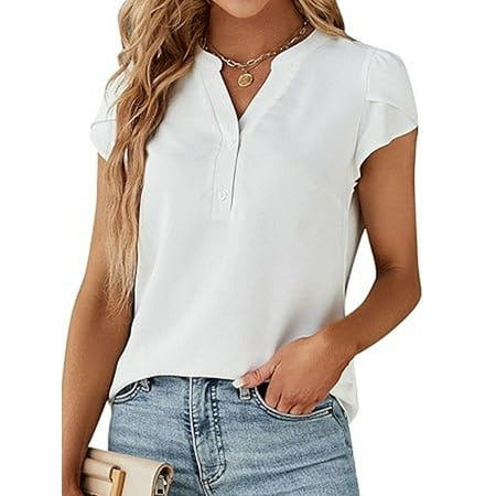 VDJ Women Dressy Tops Summer Petal Short Sleeve V Neck White Tshirts Fashion Business Blouses Lightweight Clothes Size L
