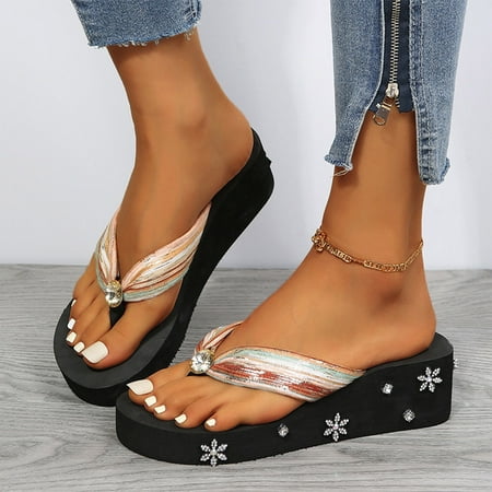 Summer Fashion Rhinestone Ladies Holiday Rubber Sole Beach Wedge Flip Flops