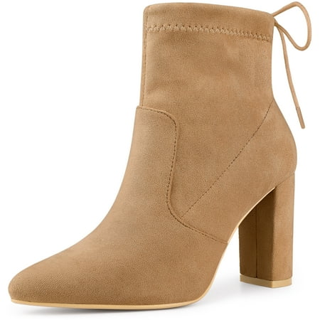 Unique Bargains Women s Pointed Toe Pull on Drawstring Block Heel Ankle Boots