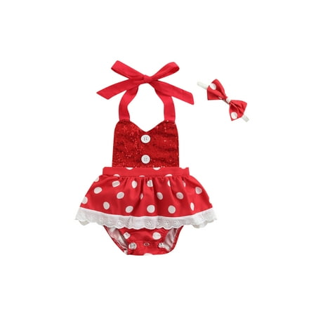 2PCS Infant Girls Sequin/Dot Halter Dress-Like One-Piece Romper with Headband Set 0-18 Months
