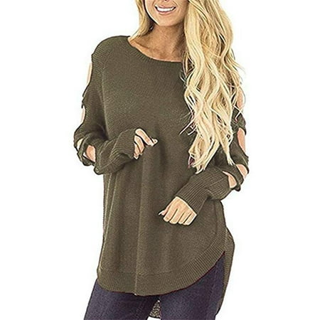 Women's Casual Round Neck Long Sleeve Hollow Loose Fit Knit Sweater Pullover Tops Jumper