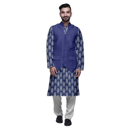 Atasi Printed Kurta Pajama Jacket Set Mandarin Collar Traditional Ethnic Shirt