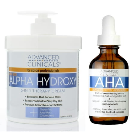 Advanced Clinicals Alpha Hydroxy Acid Skin Care Set. Anti-aging set includes Alpha Hydroxy Acid Serum (1.75 Fl oz) & Alpha Hydroxy Acid Cream for Face and Body (16 oz)