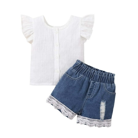 Toddler Baby Girls Summer Outfits Lace Fly Sleeve Ruffles Solid T Shirt Tops Casual Jeans Shorts Sets Kids Clothing Suit
Toddler Baby Girls Summer Outfits Lace Fly Sleeve Ruffles Solid T Shirt Tops Casual Jeans Shorts Sets Kids Clothing Suit