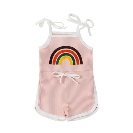 Toddler Baby Girl Summer Rainbow Halter Jumpsuit Ribbed Romper Shorts Playsuit