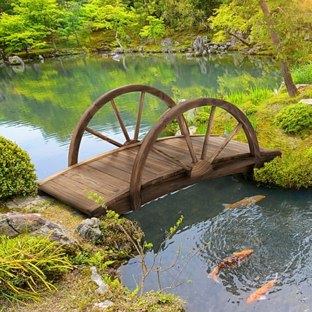 3.3ft Wooden Garden Bridge Arc Stained Finish Walkway with Half Wheeled Railings