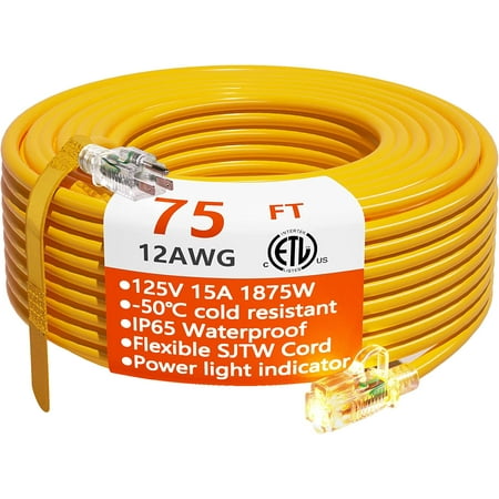 12/3 Gauge Heavy Duty Outdoor Extension Cord 75 ft Waterproof with Lighted end Flexible Cold-Resistant 3 Prong Electric Cord Outside 15Amp 1875W 12AWG SJTW Yellow ETL BOZO
12/3 Gauge Heavy Duty Outdoor Extension Cord 75 ft Waterproof with Lighted end Flexible Cold-Resistant 3 Prong Electric Cord Outside 15Amp 1875W 12AWG SJTW Yellow ETL BOZO