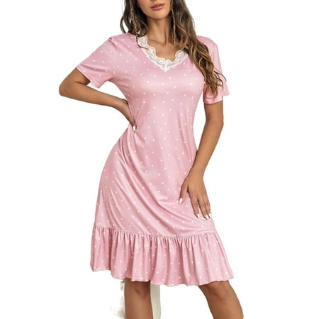 

V neck Polka Dot Sleepshirts Pink Short Sleeve Cute Women s Nightgowns Sleepshirts