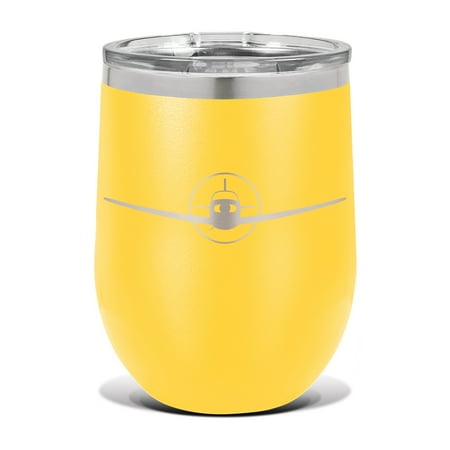 F33A Wine Tumbler 12 oz - Laser Engraved - Polar Camel - Stainess Steel - Vacuum Insulated - Double Walled - Wine Glass - Stemless - Drinkware Clear Lid - aircraft - Yellow