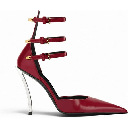 THESHY Womens Ankle Strap Metal Stiletto High Heel Pointy Pumps Buckle Up Fashion Dress Party Pumps