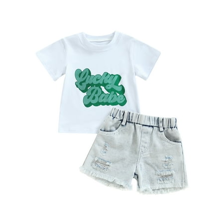 Genuiskids Toddler Girl Boy St. Patrick s Day Clothes Green Letters Cotton T-Shirt Tops Denim Ripped Shorts Outfit
Genuiskids Toddler Girl Boy St. Patrick s Day Clothes Green Letters Cotton T-Shirt Tops Denim Ripped Shorts Outfit