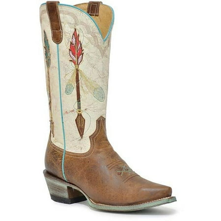 Women s Roper Arrow Feather Leather Boots Handcrafted Tan