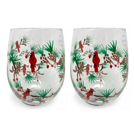 

Christmas Stemless Wine Glass Holiday Presents Ideas Christmas Gifts Wine Lovers Drinking Glasses Gift (Holly & Cardinal Birds 2pk)