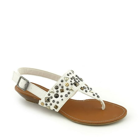 Studded Low Heel Wedges Sandals Thong White Faux Leather