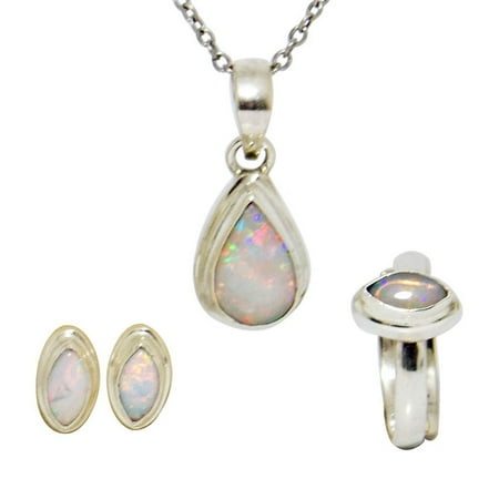 RAINBOW WONDERLAND STERLING SILVER GENUINE AUSTALIAN WHITE OPAL JEWELRY SET