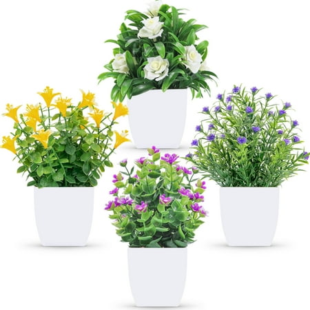 Der Rose 4 Packs Fake Plants Mini Artificial Faux Plants with Flowers for Home Office Table Room Far