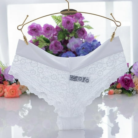 Toyella Women s Lace Transparent T-back Briefs Cotton Crotch White L