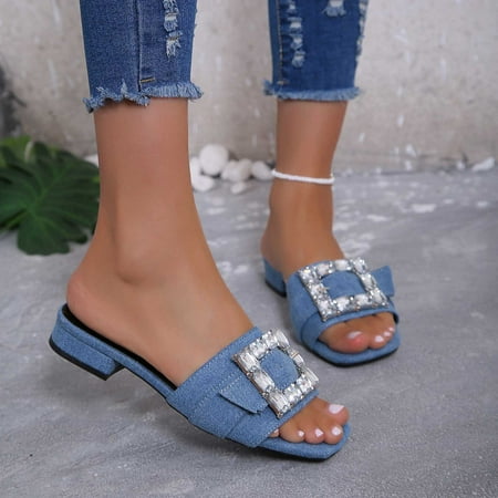 

Jacenvly 2024 New Women s Oversized Chunky Rhinestone Flat Flip-Flops Blue Sandals for Women Clearance