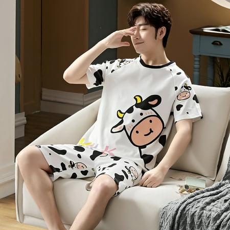 Homeex Summer New Style Cotton Short-Sleeved Thin Couple Pajamas Cow male Increase 3XL