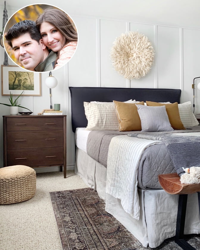 A modern design for a master bedroom featuring the headshot of interior designers Kim & Christian of KC Design Co.