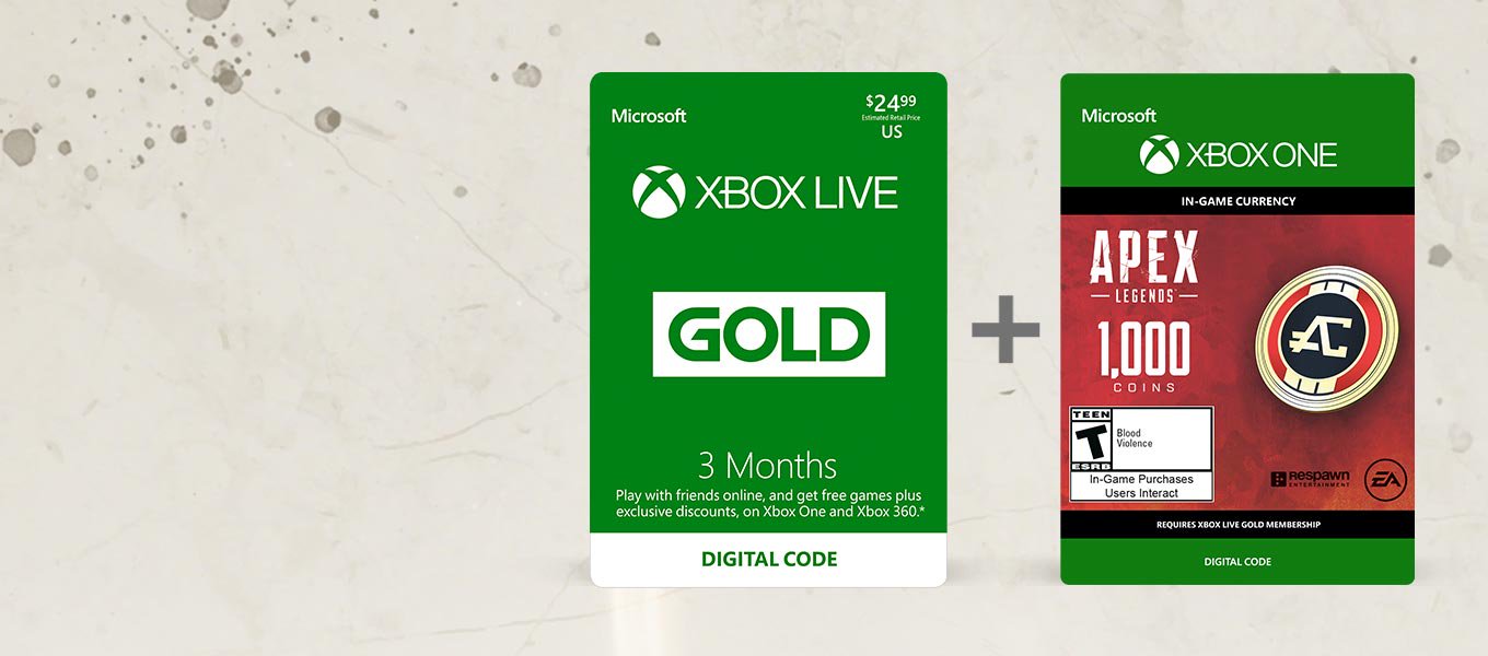 Buy 3 months Xbox Live Gold. Get $9.99 in Apex Coins. Buy 3 months Xbox Live Gold. Get $9.99 in Apex Coins.