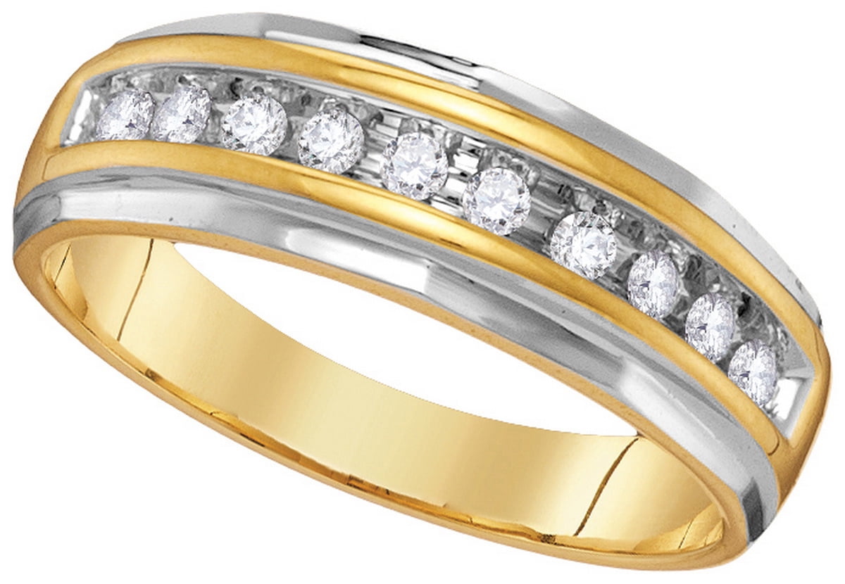 10kt Yellow Gold Mens Round Diamond 2 Tone Wedding Anniversary Band