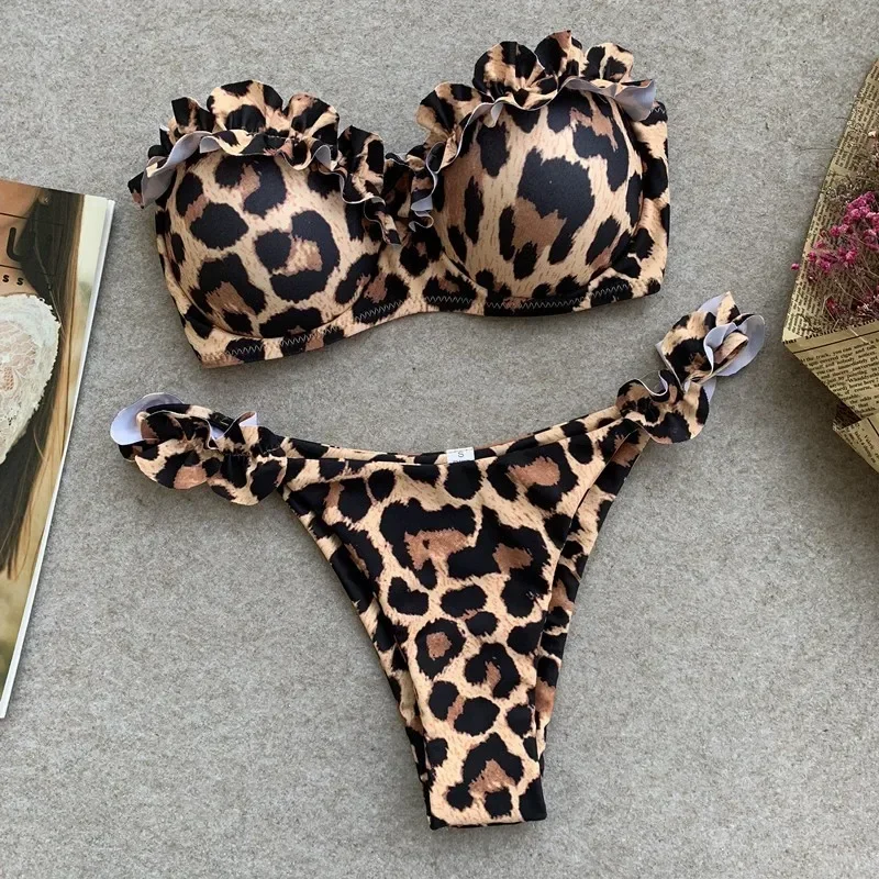 New Summer Swimwear Bikini Set Sexy Leopard Strapless Bikini