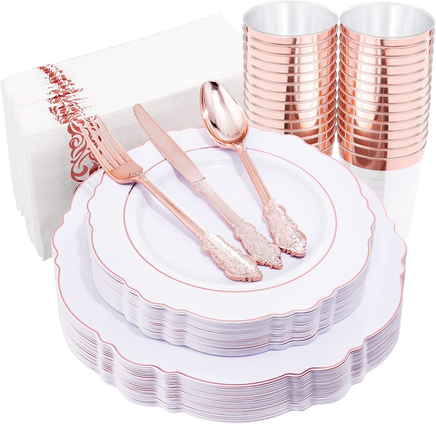 Guest Disposable Rose Gold Plastic Dinnerware Set Include Rose