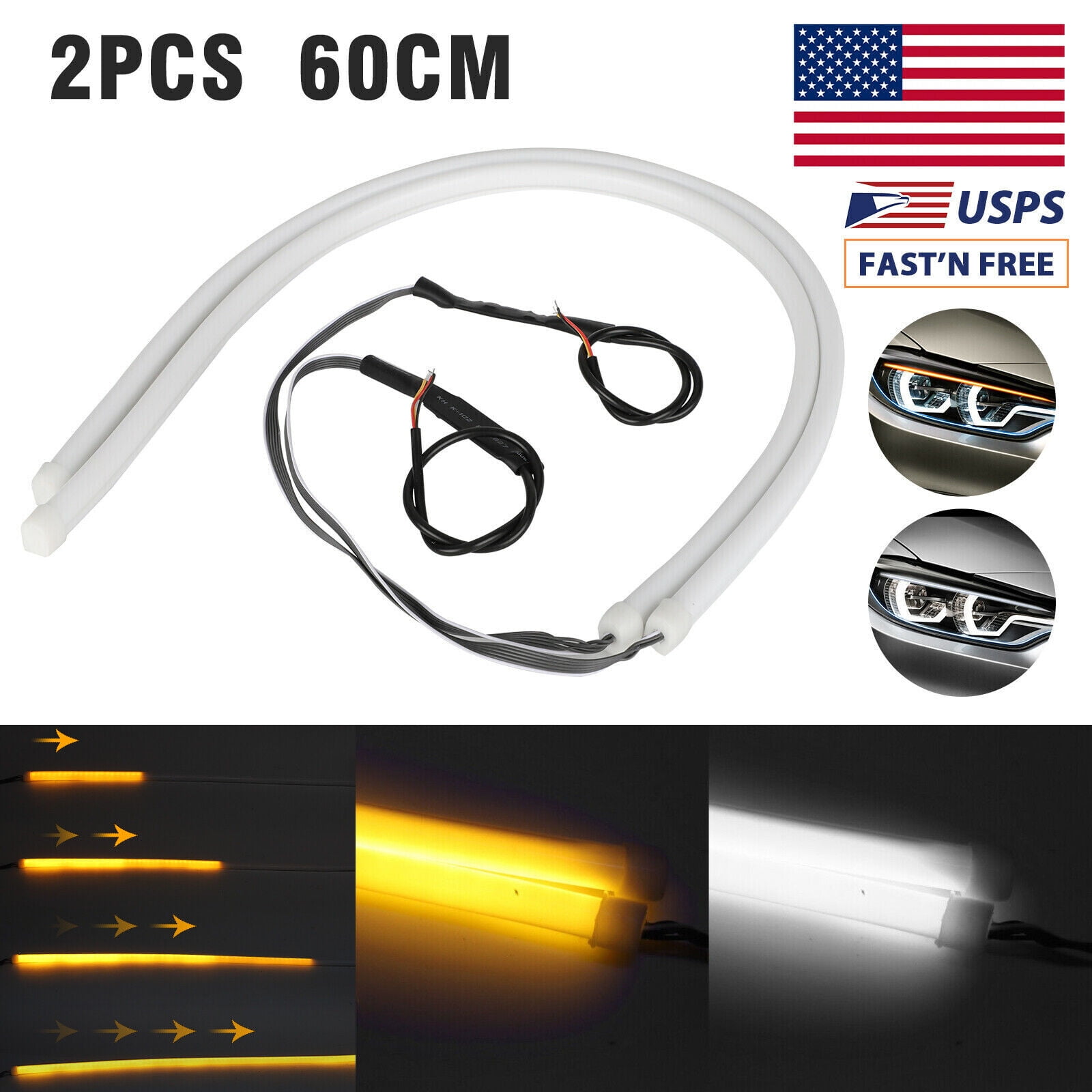 2x 60cm LED Switchback DRL Tube Light Strip Amber Sequential Flow Turn