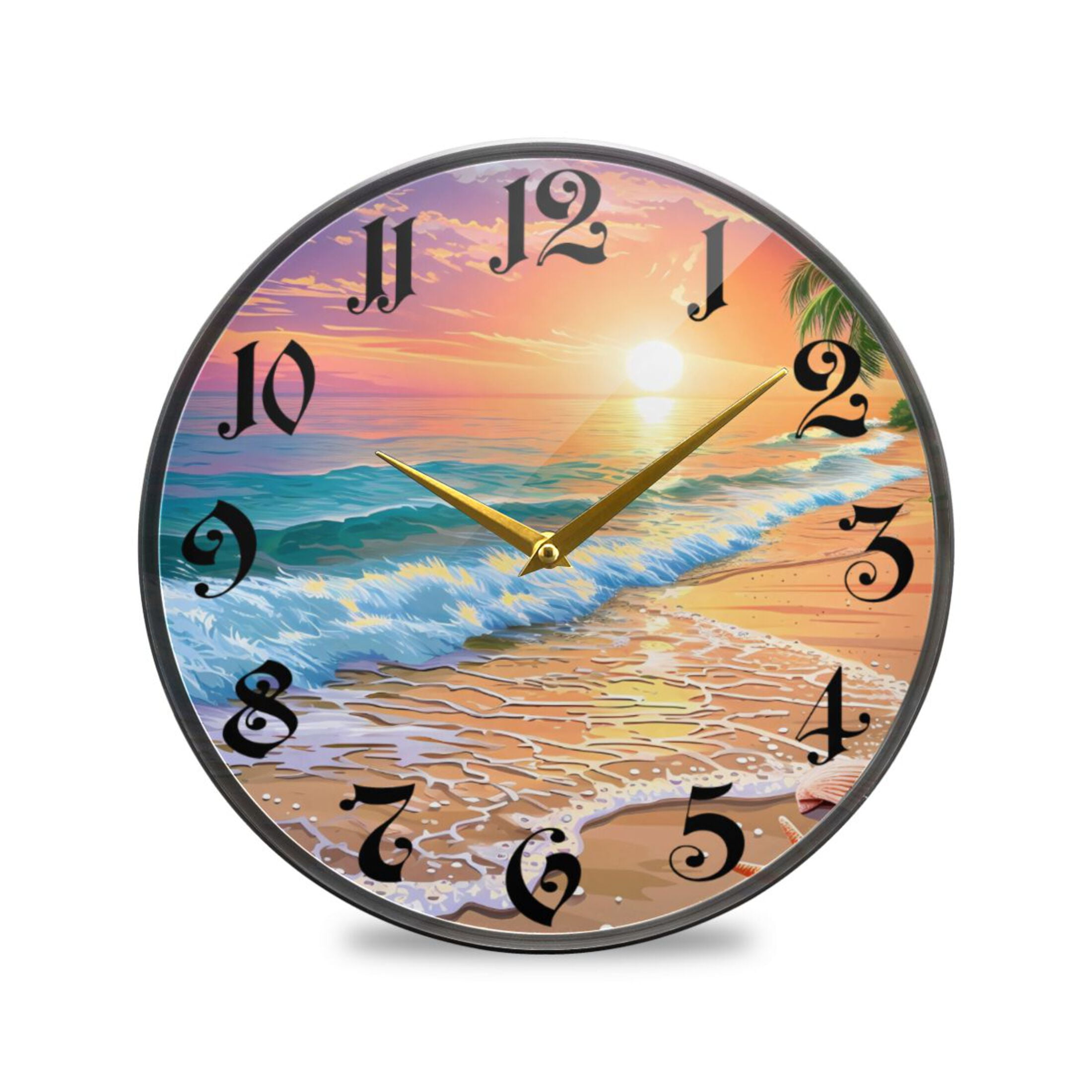 Round Silent Wall Clocks Sunset Beach Seastar Palm Tree Acrylic