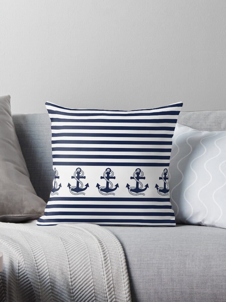 AABERIC Nautical Blue And White Stripes With Navy Blue Anchor Throw