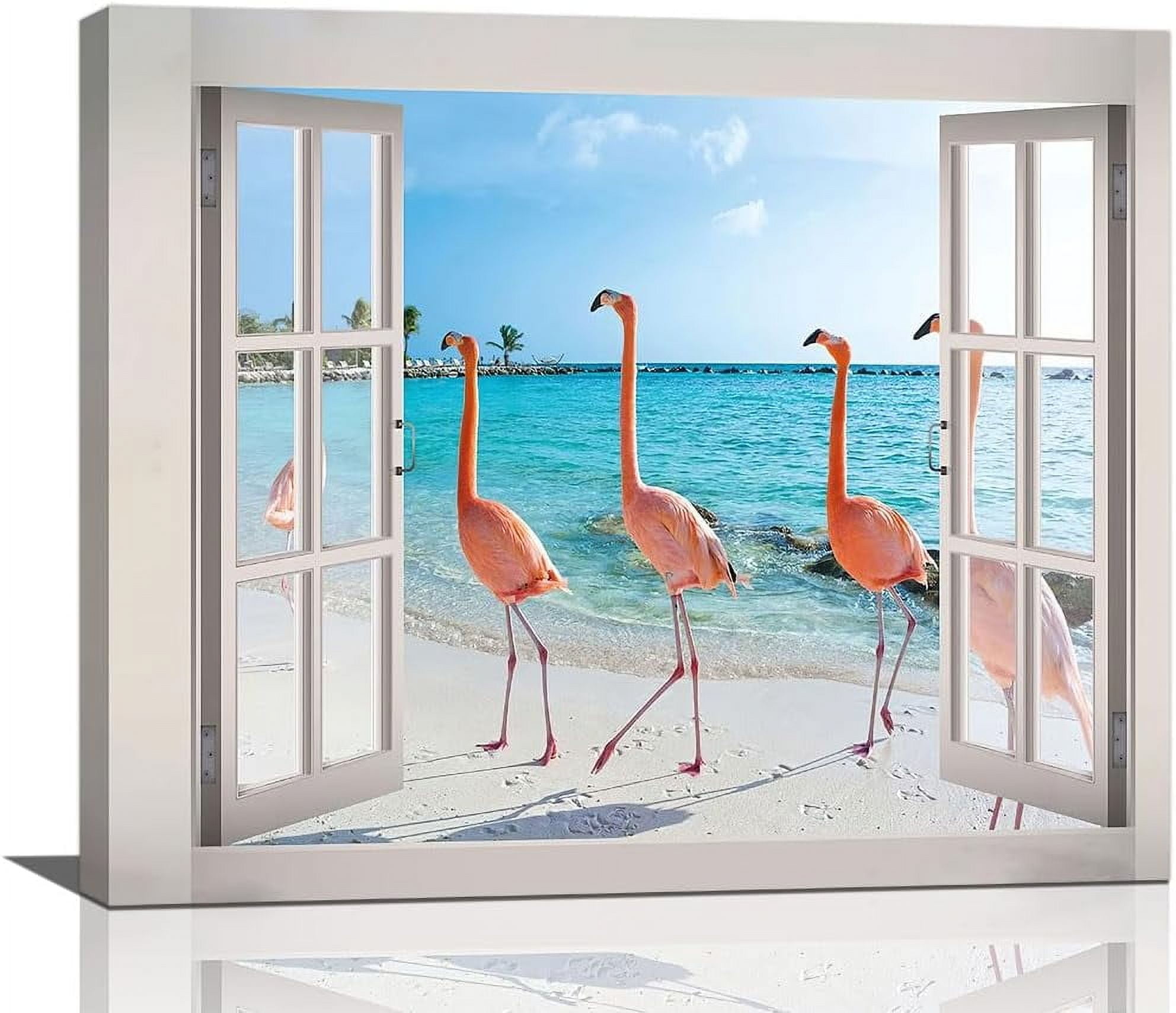 Aazaqtin Flamingo Beach Bathroom Wall Art Tropical Palm Coastal Ocean