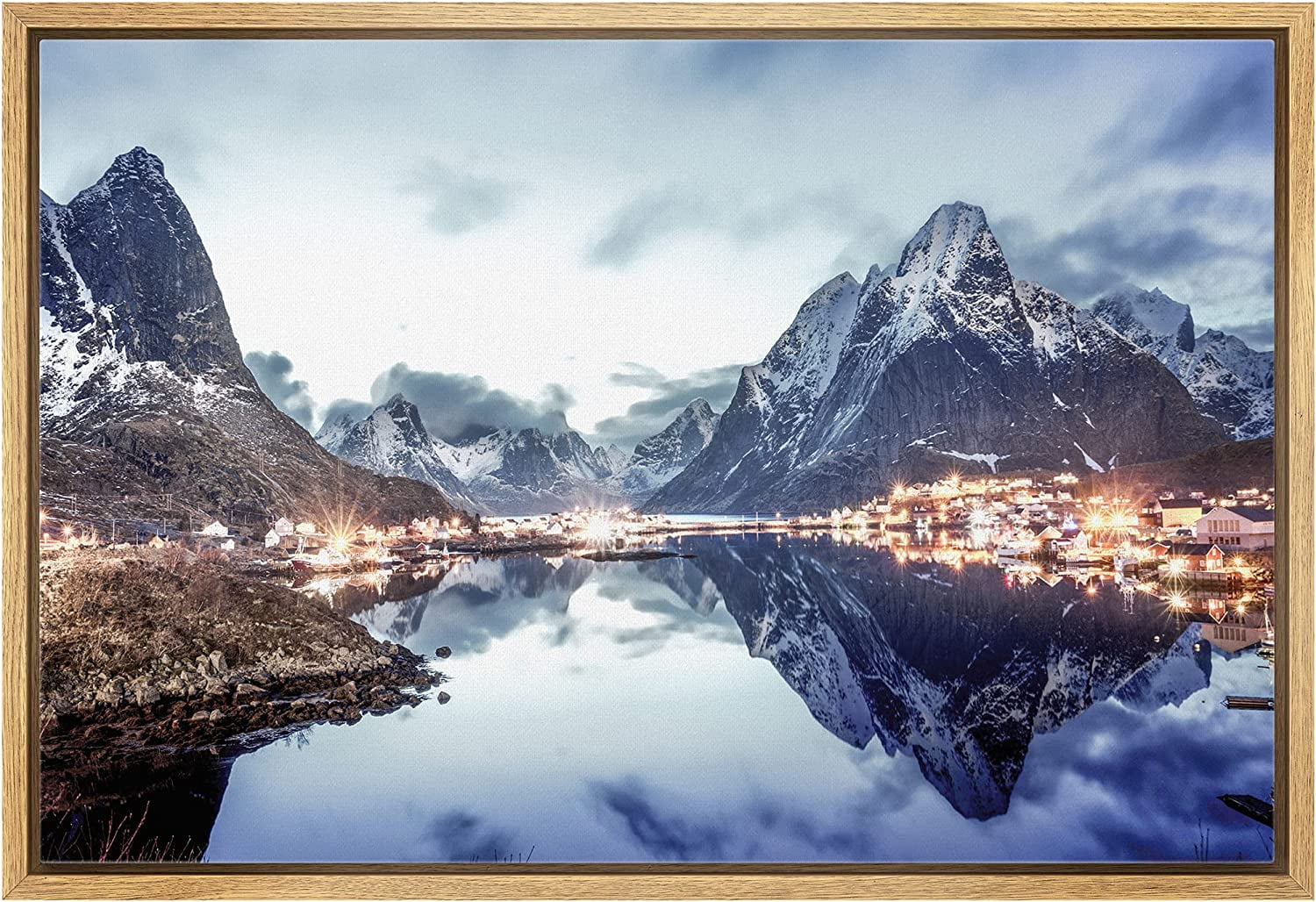 AAzaqTin Framed Canvas Print Wall Art Winter Snow Mountain City Light