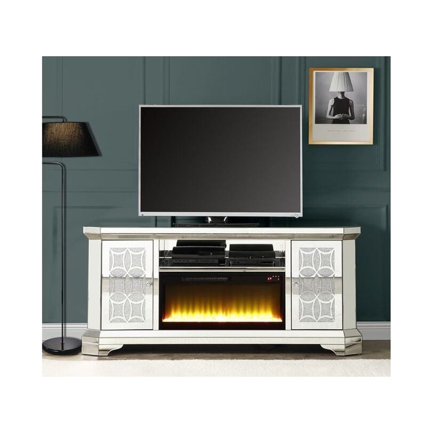 Acme Noralie Tv Stand W Fireplace Mirrored Faux Diamonds Lv