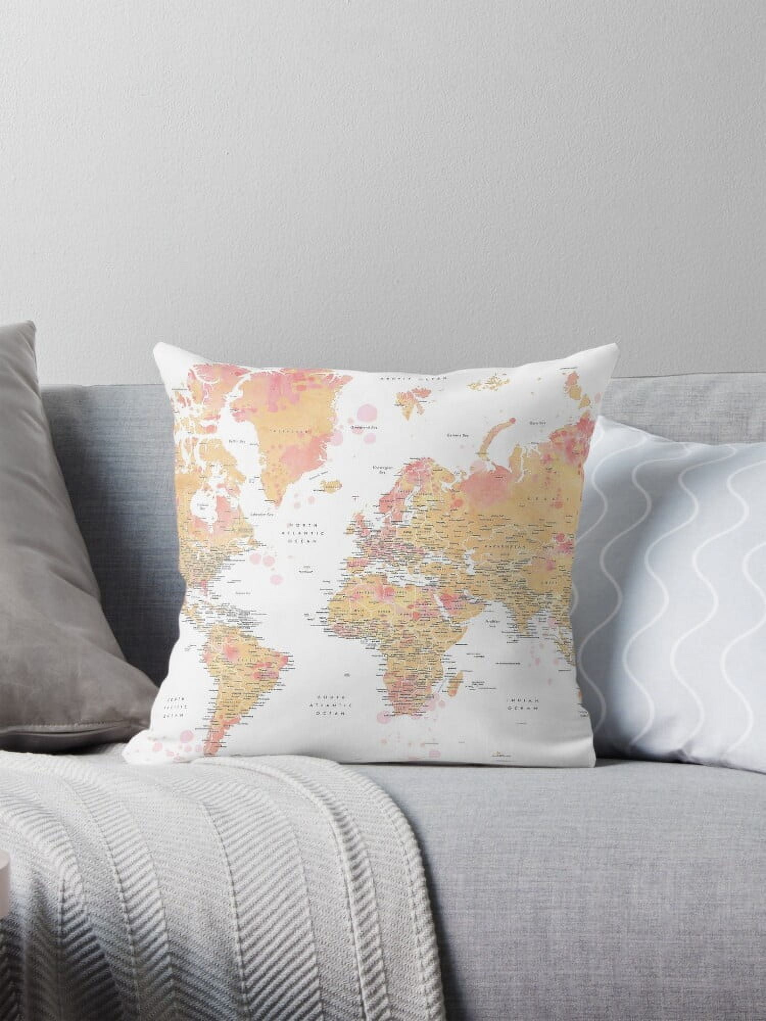 Aivo Yellow And Pink Watercolor World Map With Cities Throw Pillow