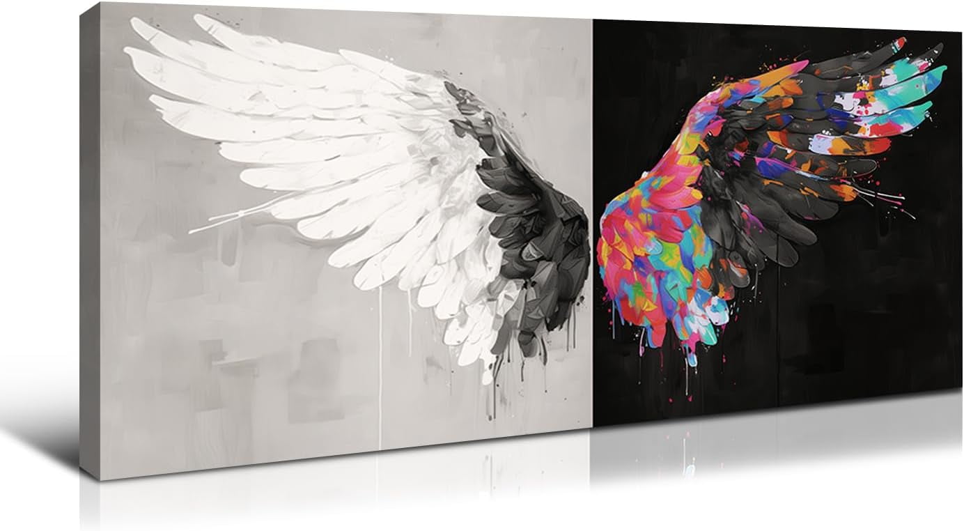 Avoi Large Black And White Canvas Wall Art Colorful Angel Wings Wall