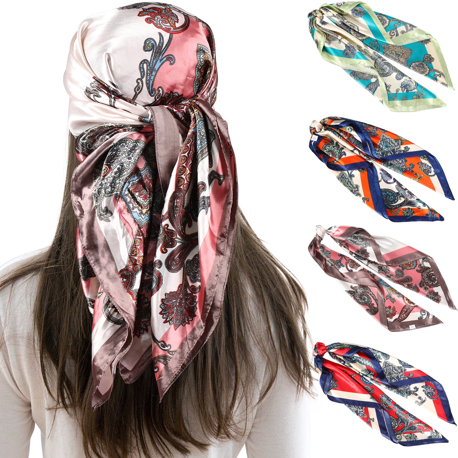 AWAYTR 4 Pcs Silk Scarf Satin Large Square Scarves 35 Women Silk