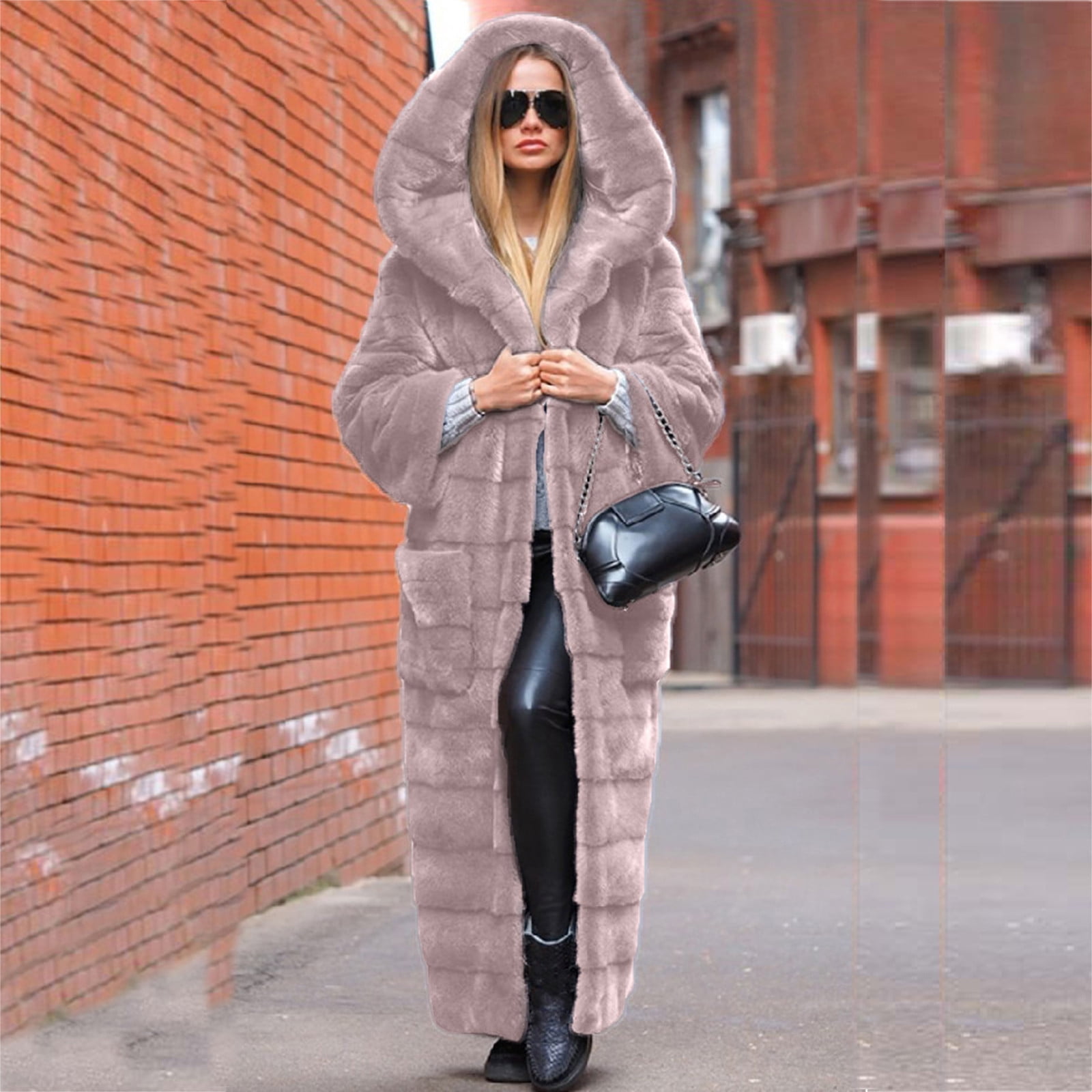 Aboser Faux Fur Coats For Women Plus Size Hooded Jacket Maxi Length