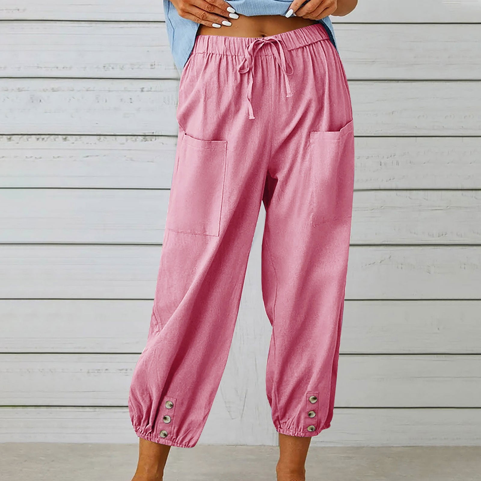 Aboser Wide Leg Pants Woman Casual Cotton Linen Capri Pants Button