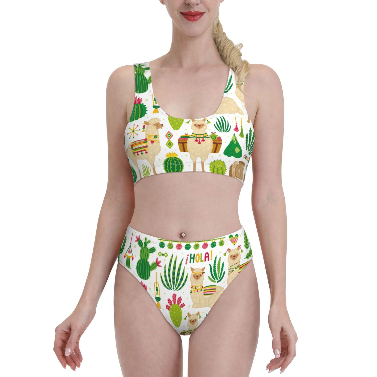 Adobk Alpaca And Cactus Print Women High Waisted Bikini Set Sports