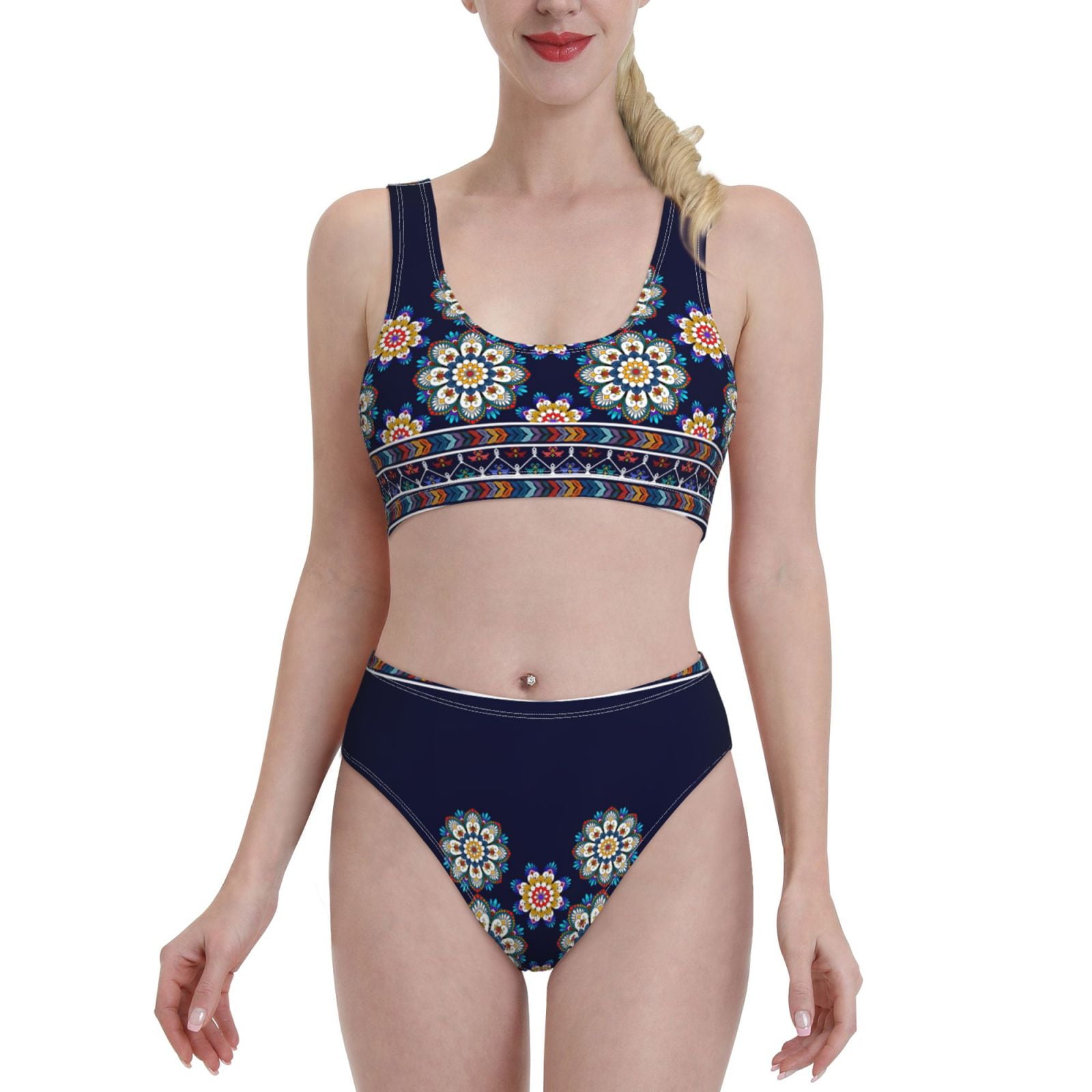 Adobk Blue Mandala Print Women High Waisted Bikini Set Sports Swimsuit